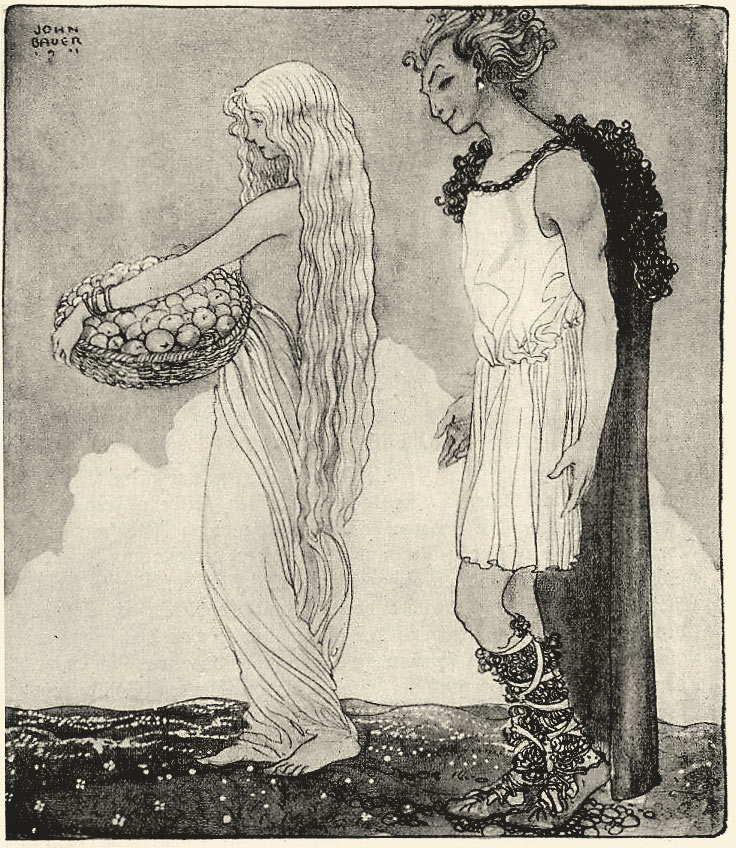 Idun, old Scandinavian Goddess of Love and Knowledge, and guardian of the apples of eternal youth (here in the company of the trickster God Loki)