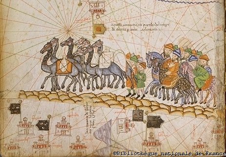 Caravan crossing the Silk Road (detail of the map of Asia), the Catalan Atlas Spain, Majorca 14th century