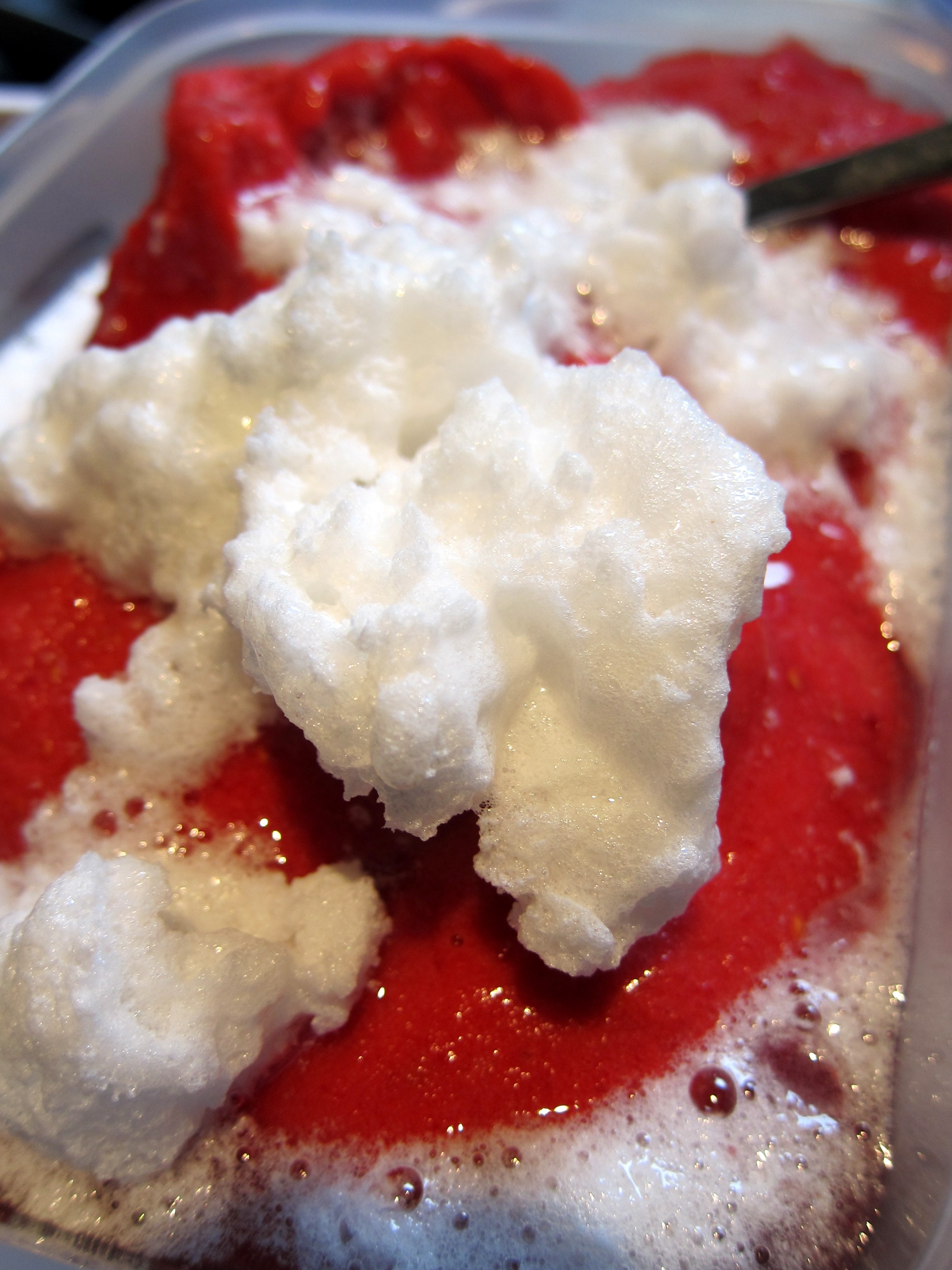 The Italian meringue about to be blended into the sorbet base. Soon, the meringue will only be noticable by the way it pales the colour of the sorbet