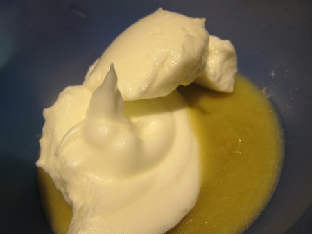 Very easy - just mix the rhubarb purée with the whipped egg whites and churn it!