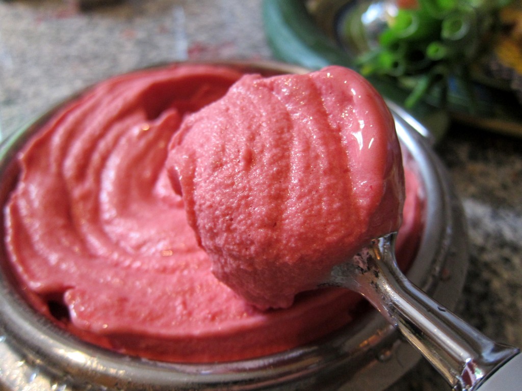 Freshly churned Sorbet Cardinale - a great combination of raspberry and blackcurrant