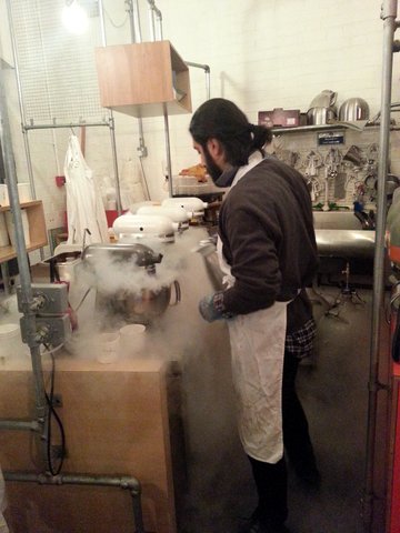 The extremely cold liquid nitrogen will freeze the ice cream base in no time at all!