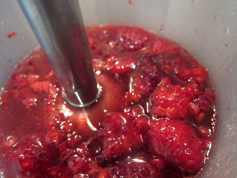 Purée the strawberries with sugar and some lemon juice. Mix with equal amount of simple sugar syrup: the sorbet base is ready!